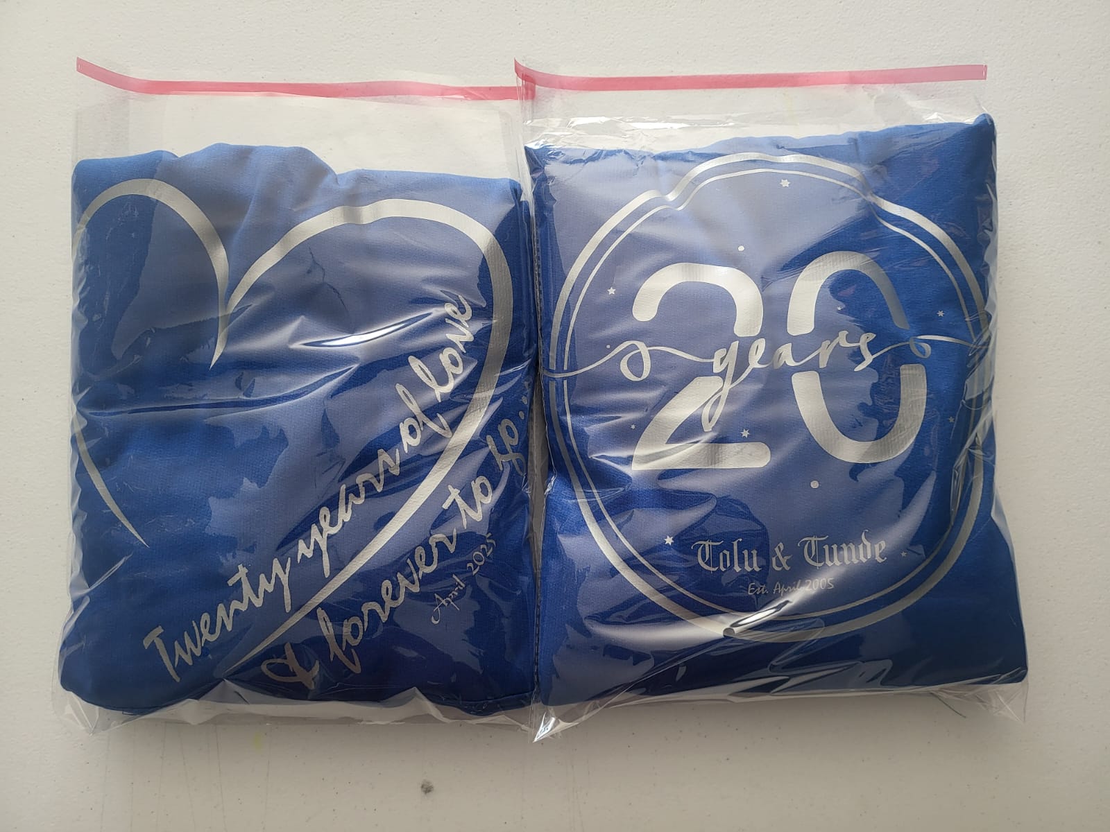 Customised 20 years of love - blue hoodies packed